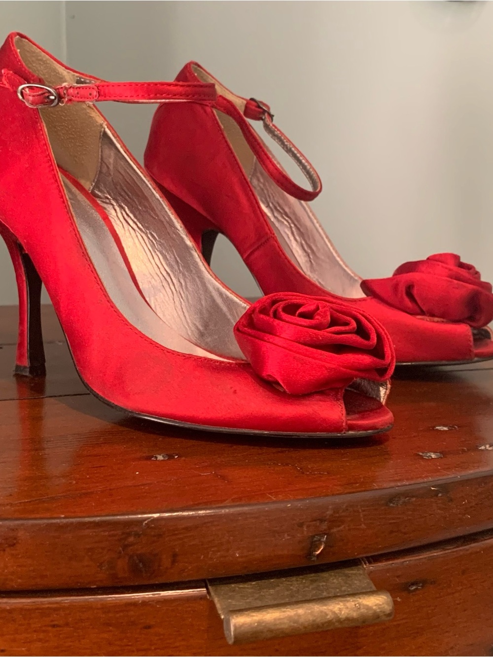 Red Peep-Toe Ankle Strap Heels with Rosette Accent